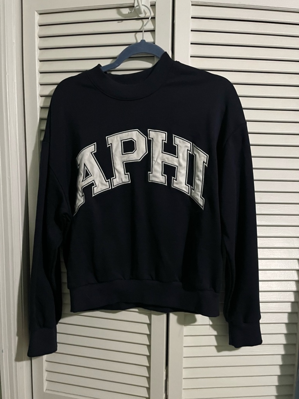 Woman’s Navy Sweatshirt with APHI Lettering Sorority Alpha Phi Size Medium